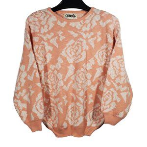 VTG 80s Chenille Rose Knit Sweater Peach Genesis Grannycore Barbiecore Crewneck